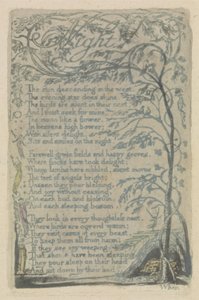 夜、ソングス・オブ・イノセンス、1789年のプレート29（水彩で手描きのレリーフエッチング） 作： William Blake